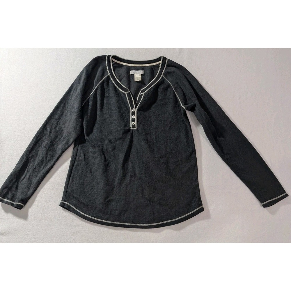 Lizwear Fleece Henley Pullover Black Gray Trim Women's Small Long Sleeve